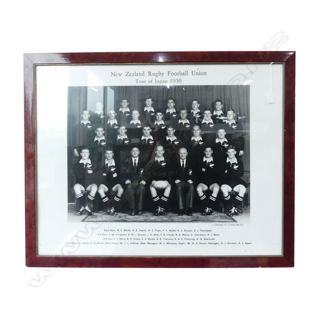 1958 NZ U23 JUNIOR ALL BLACKS RUGBY TOUR OF JAPAN & HONG KONG FRAMED TEAM PHOTO 700x900mm Image 1++