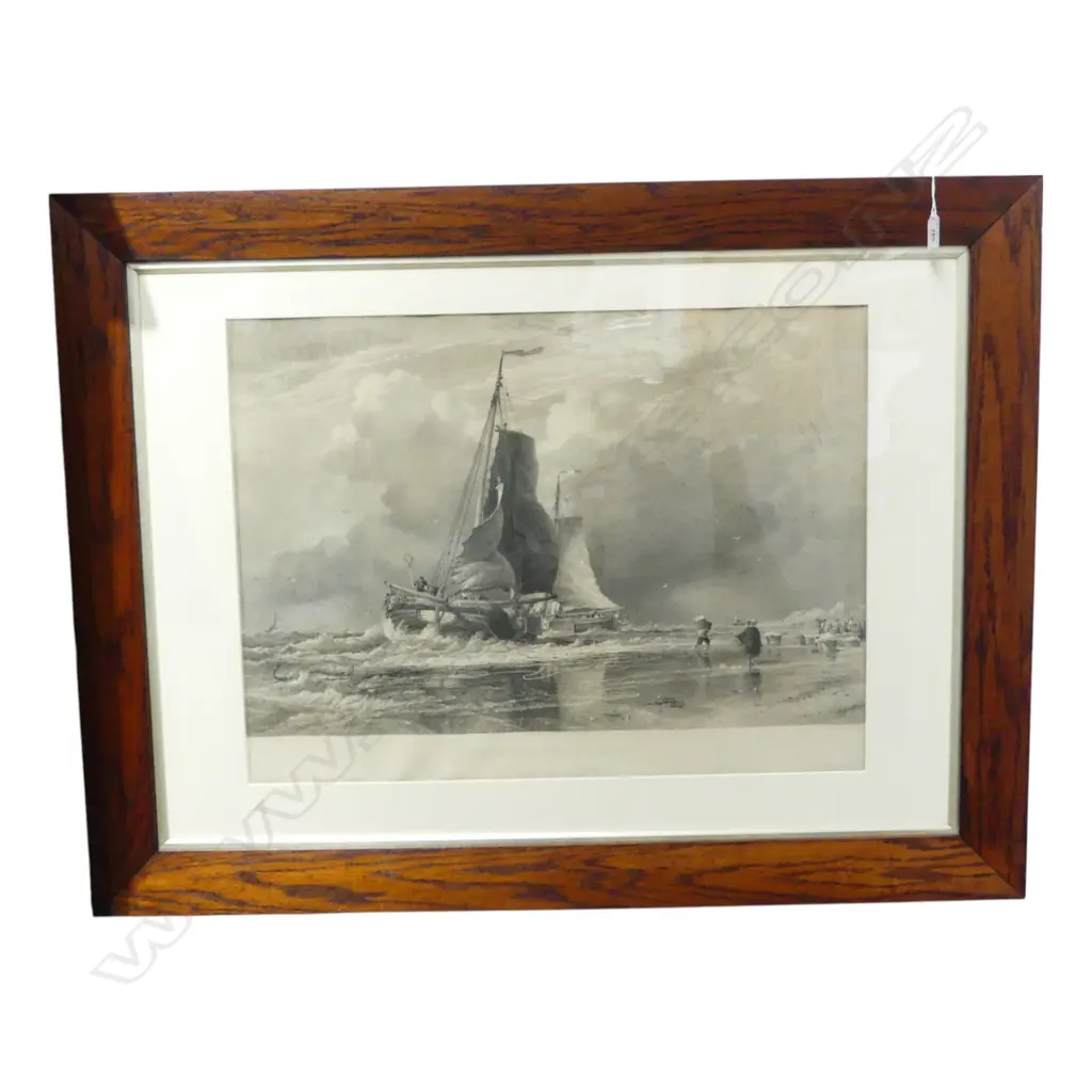 FRAMED ENGRAVING BY ARTHUR WILLMORE AFTER EWARD WILLIAM COOKE, DUTCH TRAWLERS LANDING FISH AT EGMONT N.Z., 490x650mm Image 1++