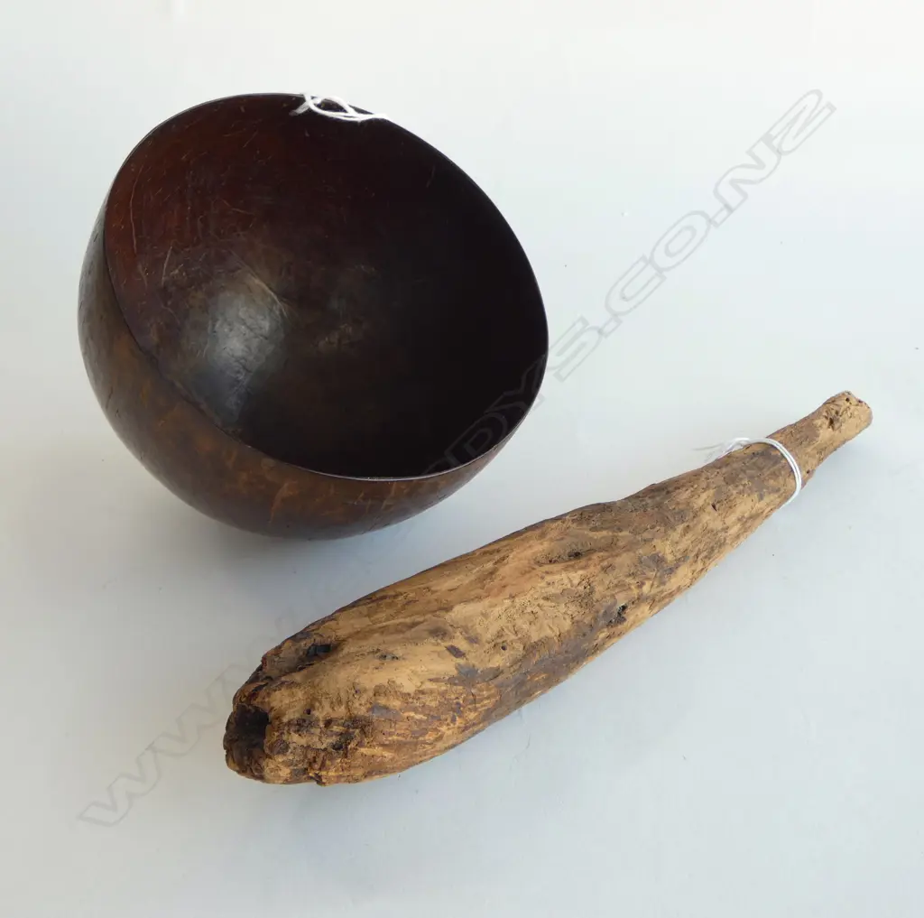 OLD LARGE PACIFIC ISLAND COCNUT BOWL & WOODEN FERN ROOT POUNDER L.315mm  Image 1++