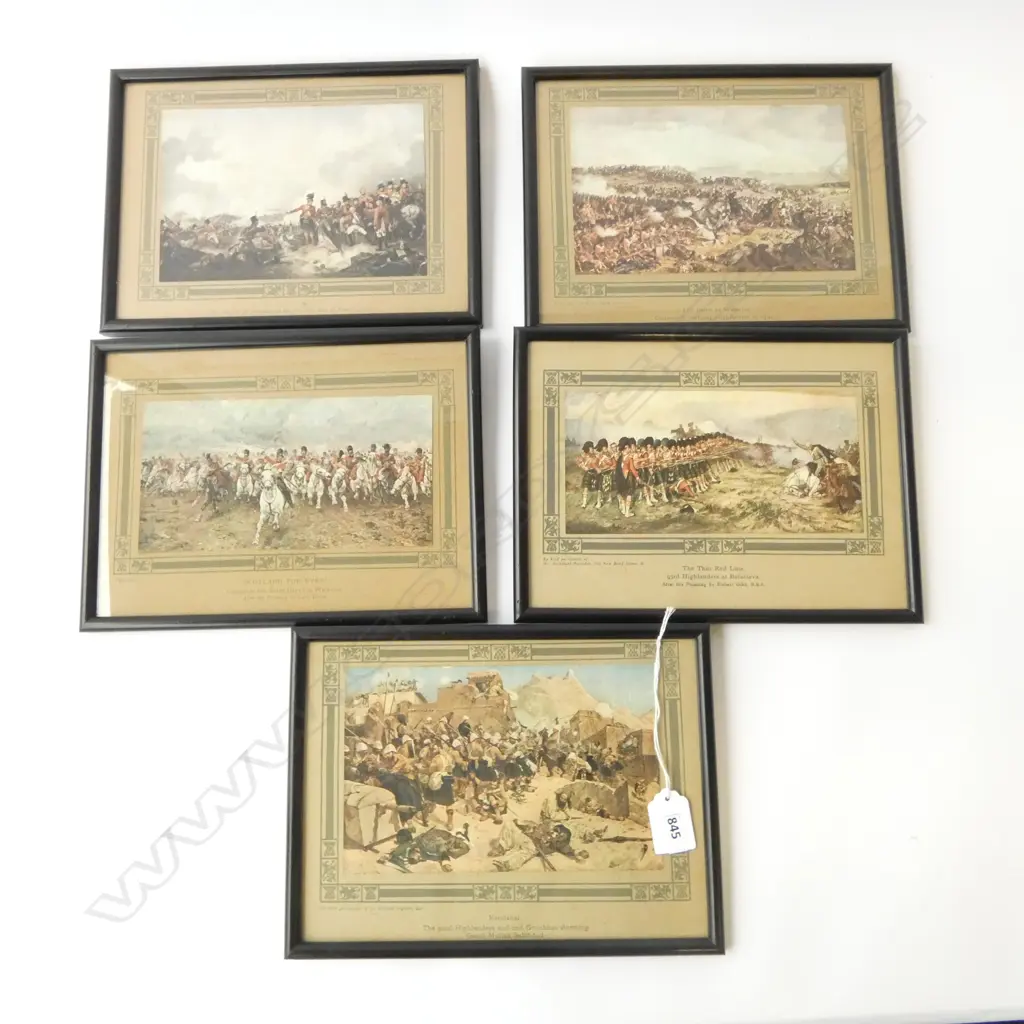 5 FRAMED MILITARY PRINTS; WATERLOO, CHARGE OF THE SCOTS GREY etc 260x190mm Image 1++