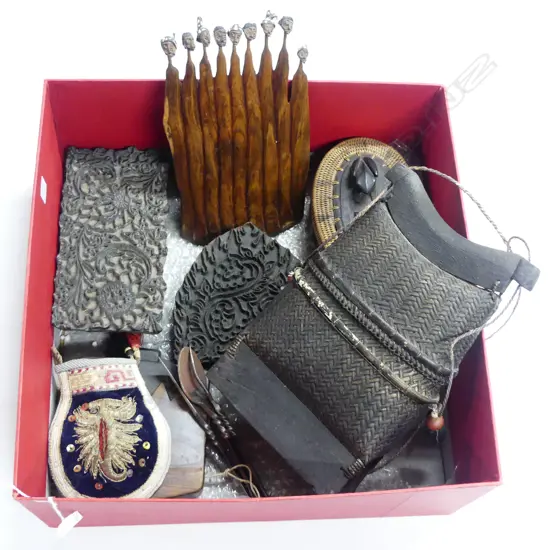 COLLECTION OF 8 INDONESION ETHNIC PCS BARTIK BLOCKS  BASKET CARVED PCS ETC