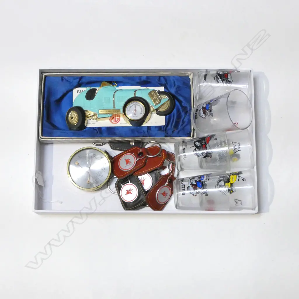 COLLECTABLES; TWO VINTAGE THERMOMETERS, VINTAGE FRENCH GLASSES w MOTORCYCLES & LEATHER MOBIL KEYRINGS Image 1++