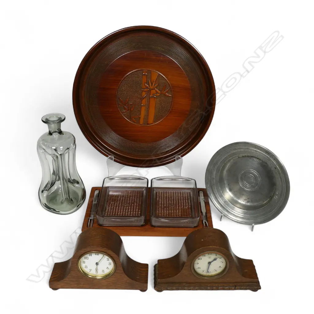 COLLECTABLES; 2 SMALL 1920s WOODEN CLOCKS; DANISH KLUK KLUK DECANTER & TEAK TRAY, PEWTER BOWL & JAPANESE TRAY Image 1++