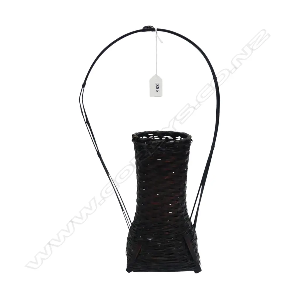 JAPANESE DARK STAINED ART BASKETRY SCULPTURE with over-head handle H.400mm Image 1++