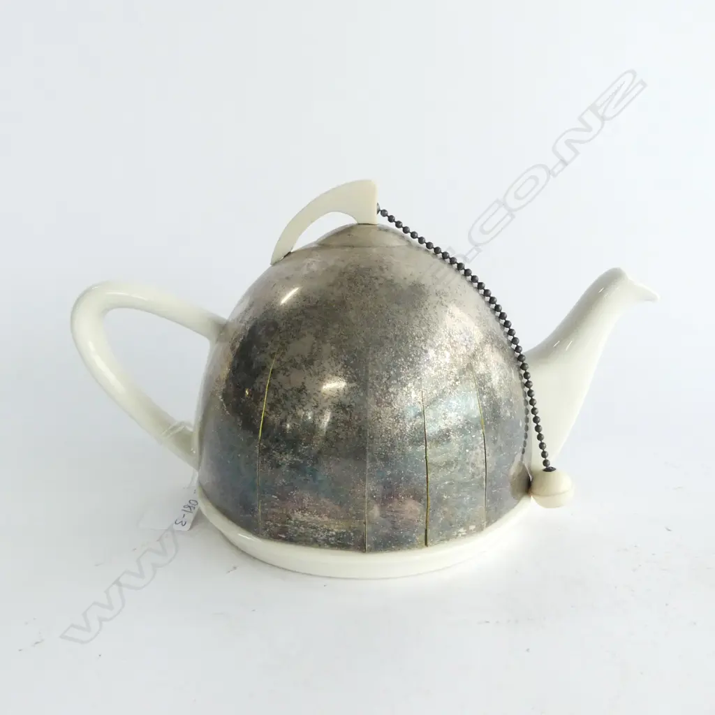 DECO PORCELAIN 'CELTIC BEEHIVE' TEAPOT WITH CHROME COSY BAKELITE HANDLE & KNOB. W. 270mm  Image 1++
