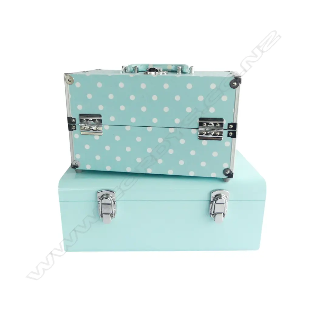 2 TURQUOISE BOXES; DOTTY MAKE-UP CASE & METAL STORAGE BOX; H.190mm W.310mm DOTTY & H.160mm W.390mm Image 1++