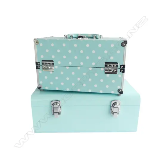 2 TURQUOISE BOXES; DOTTY MAKE-UP CASE & METAL STORAGE BOX; H.190mm W.310mm DOTTY & H.160mm W.390mm