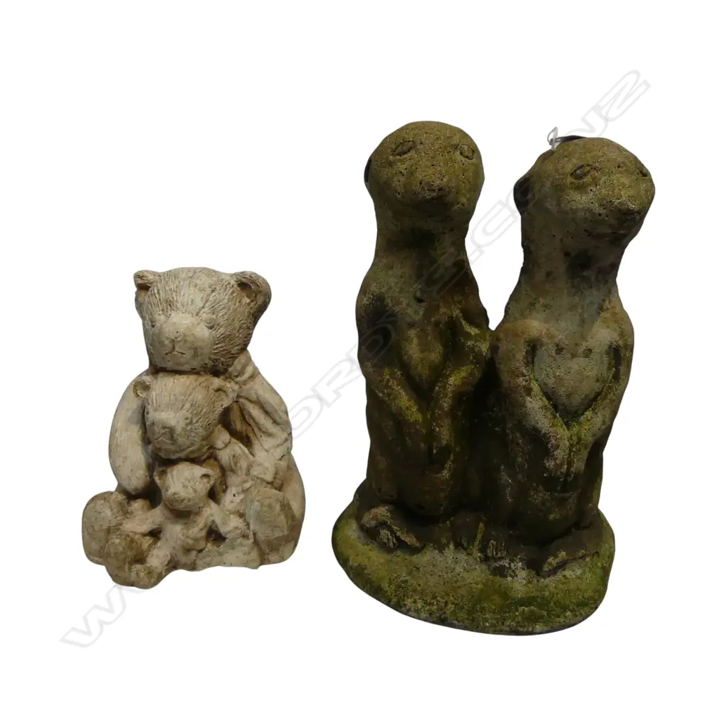 2 CONCRETE GARDEN ORNAMENTS; MEERKATS & TEDDY BEARS H.330mm Image 1++