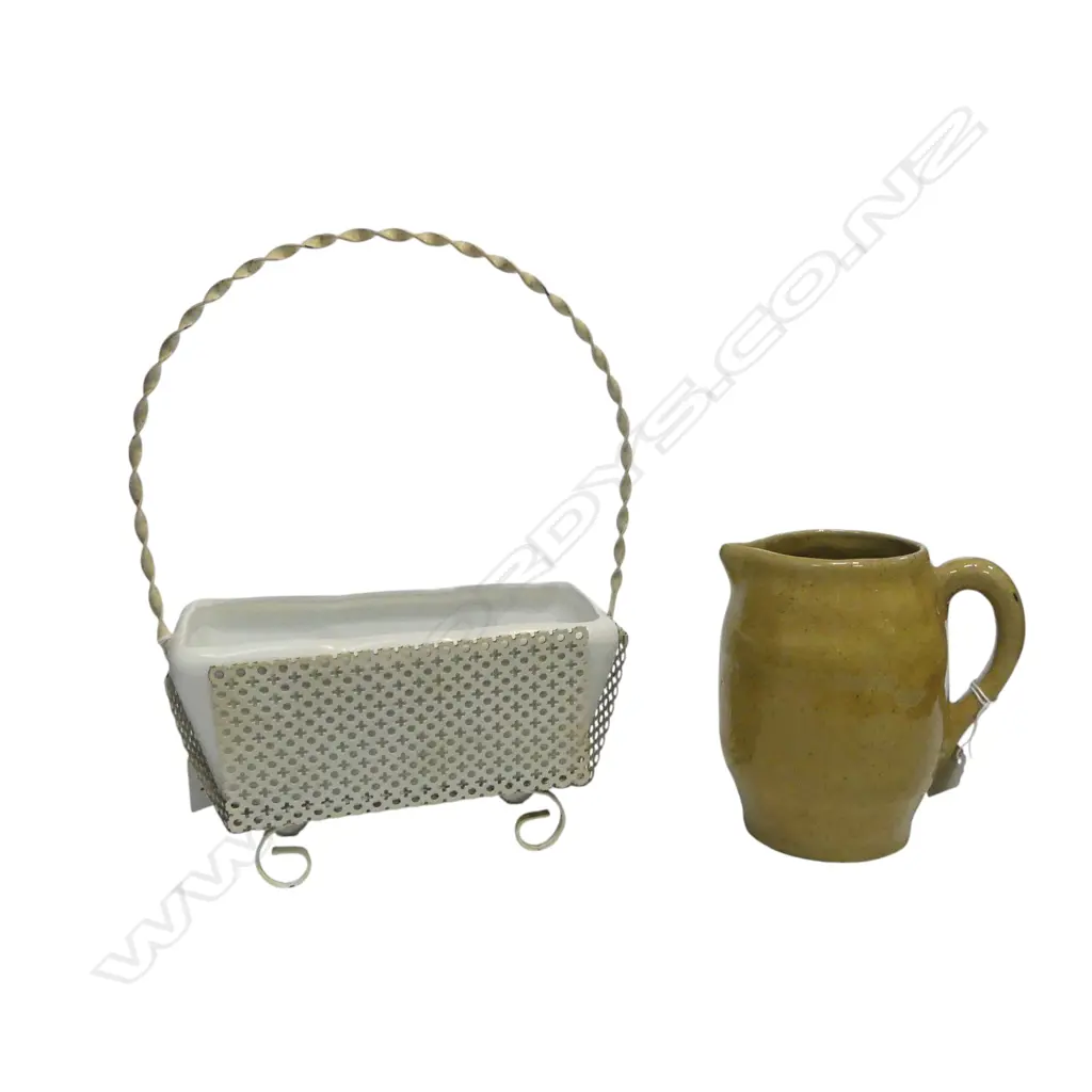 UNMARKED LUKE ADAMS N.Z. STUDIO POTTERY JUG H.150mm + CROWN LYNN TROUGH VASE #21 IN WIRE HOLDER  Image 1++