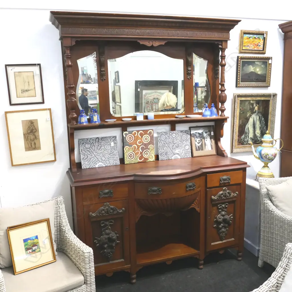 EDWARDIAN POT BELLIED SIDEBOARD 1610x620x2270mm small mirror panels to back absent Image 1++