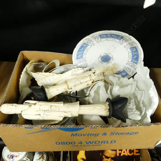 SHELL CHINA; COALPORT ETC, PR CARVED BONE ORIENTAL FIGURES ETC