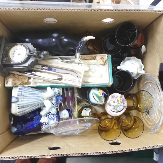 MUGS, BULL DECANTER, CASED CUTLERY ETC