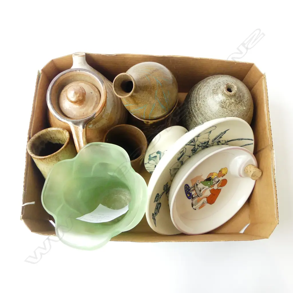 ASST. NZ STUDIO POTTERY , BAGLEY ART DECO FROSTED GLASS VASE H.160mm, ANTIQUE FRENCH BABY BOWL w. WARMER etc Image 1++