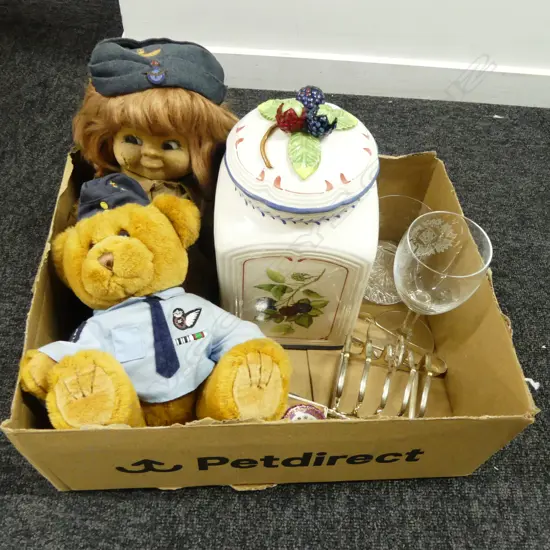 VILLEROY & BOCH 'COTTAGE CHARM'  BISCUIT BARREL, ASST. E/P, WW2 DRESSED TEDDY, RAF DOLL, etc