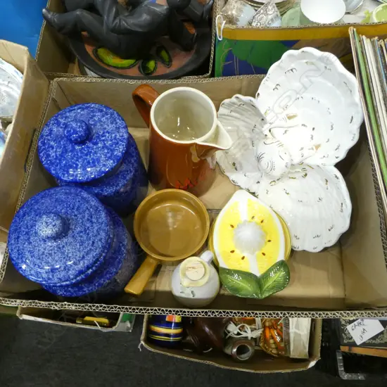 PR BLUE GLAZE CERAMIC STORAGE JARS, LEMON DISH & OTHER KITCHENWARE