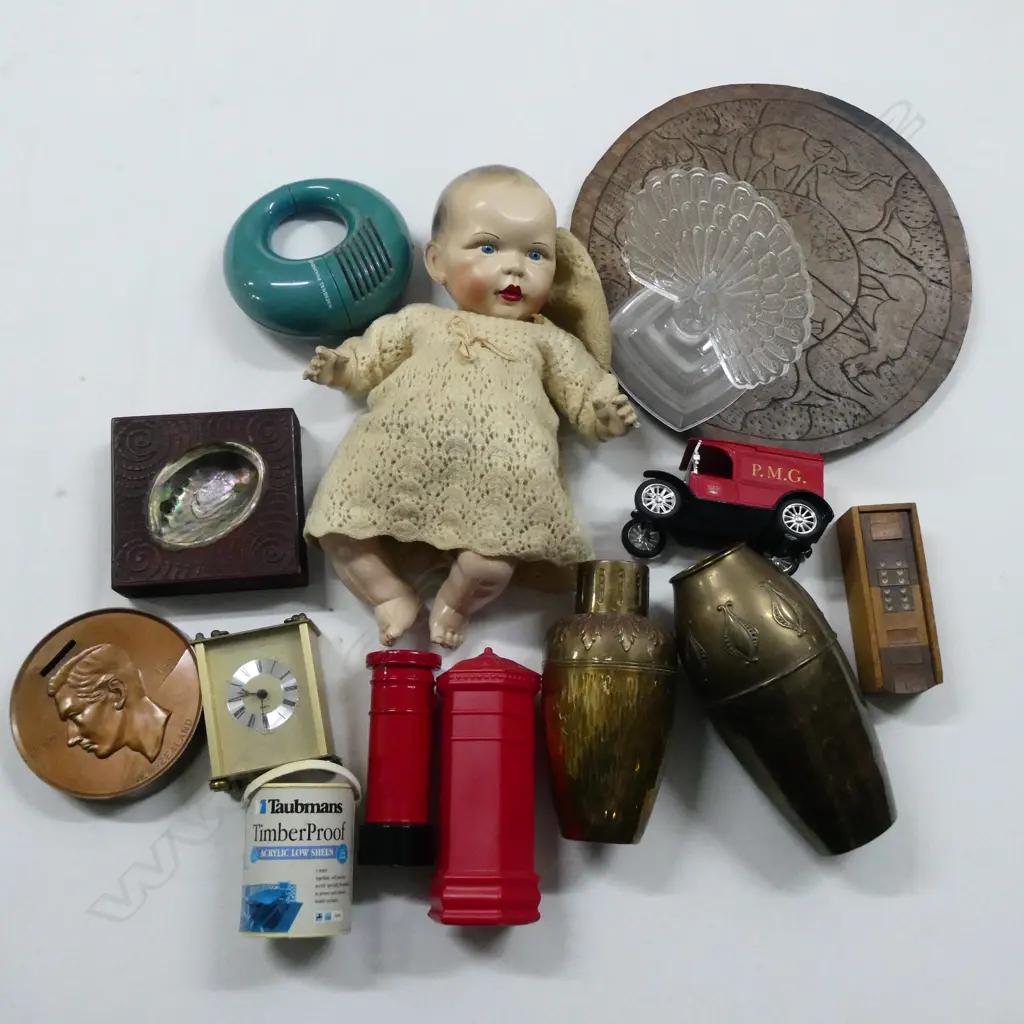 DOLL, MONEY BANKS, RADIOS 2 COPPER VASES ETC Image 1++