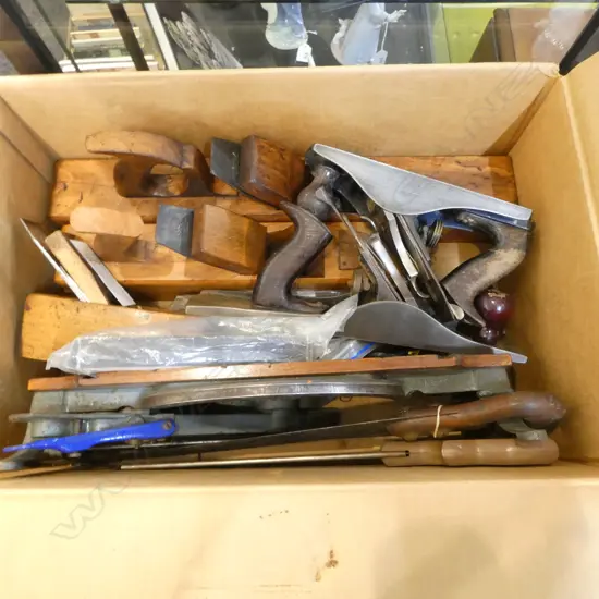ASST. VINTAGE CARPENTRY TOOLS; STANLEY MITRE BOX, 3 MATHIESON BEACH WOODEN PLANES, 2 SPOKE SHELVES, etc