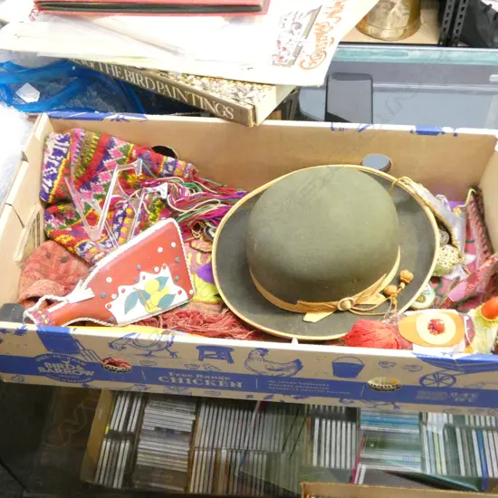 TRAY OF BRIGHT COLOURED FABRIC SOVS HATS ETC