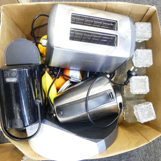 TOASTER, KETTLE, COFFEE MACHINE, 4 DECANTERS, FAUX FRUIT ETC