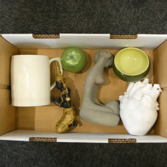 ASST COLLECTABLES; HOGLUND GLASS PAPERWEIGHT, KEITH MURRAY MUG (FAULT), THAI FIGURE, etc