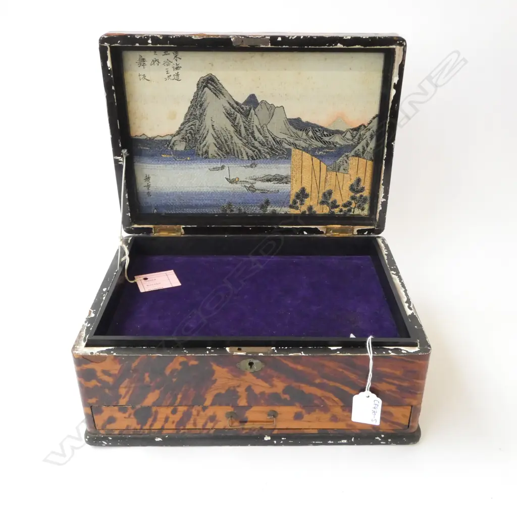 JAPANESE TORTISE SHELL & LACQUER JEWELLERY BOX w. FITTED & EMBROIDED INTERIOR 305x220x140mm Image 1++