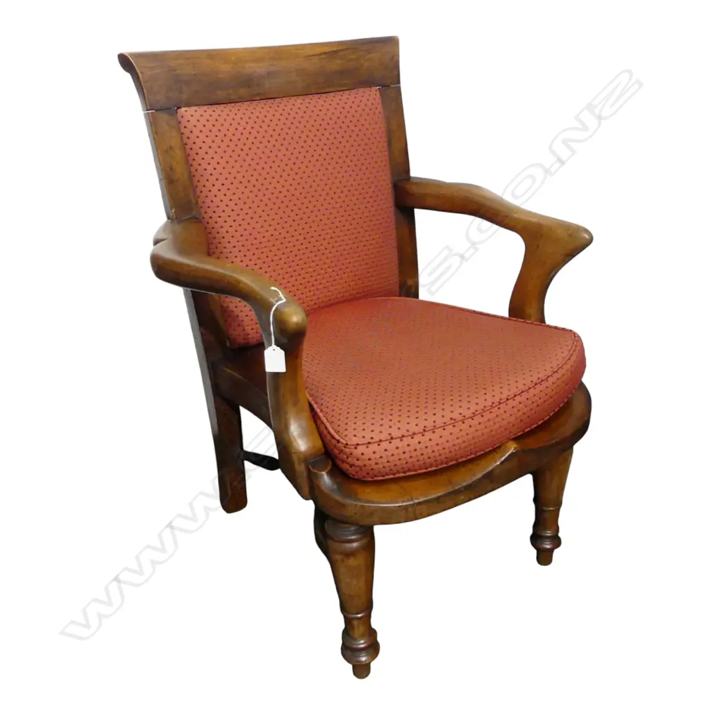 EARLY 19thC DUTCH MAHOGANY ARMCHAIR w. TURNED LEGS & CONNECTING STRETCHER Image 1++