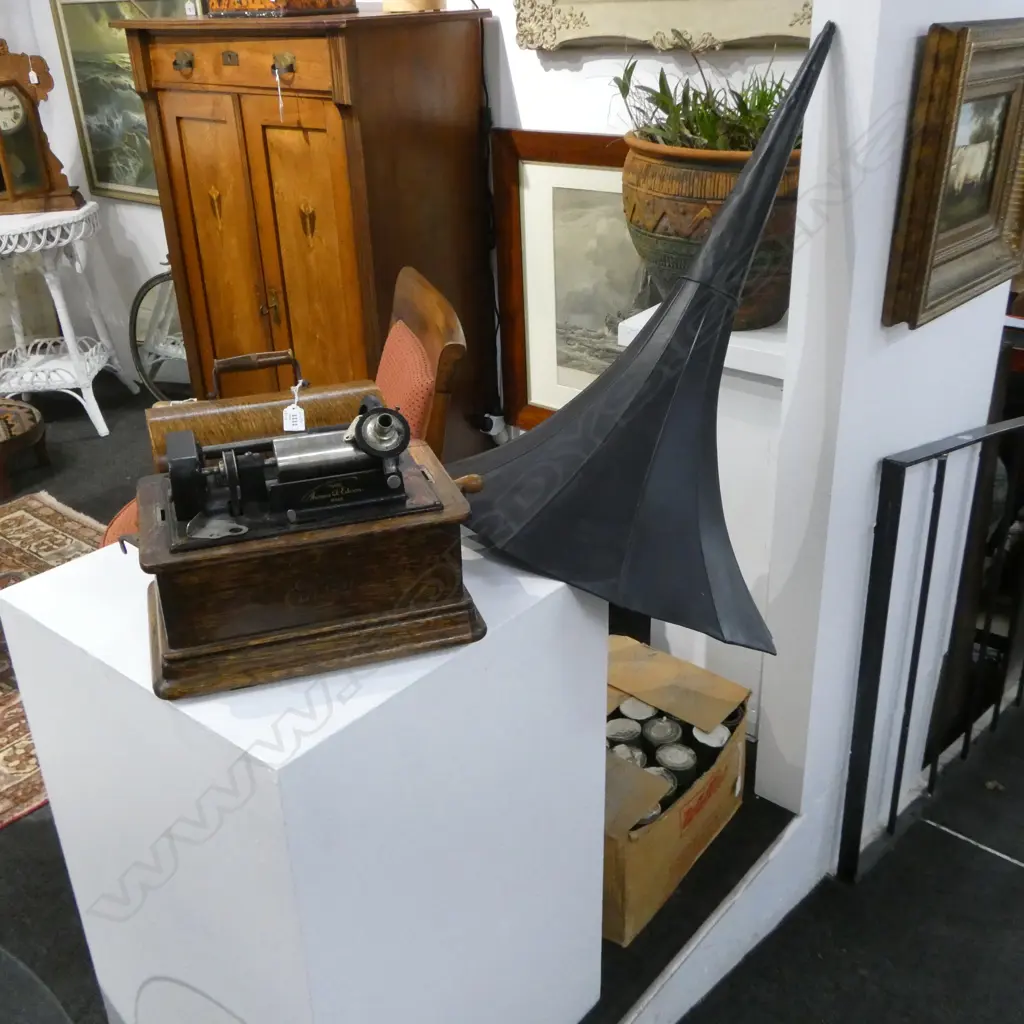 EDISON OAK FULLY CASED PHONOGRAPH w. HORN & ASST. EDISON ROLLS horn not attaching to body Image 1++