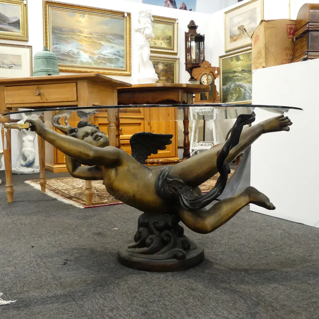 LARGE HEAVY BRONZE CHERUB FIGURE TABLE BASE w. GLASS TOP; FIGURE W.940 H.520mm, GLASS Dia.950mm Image 1++