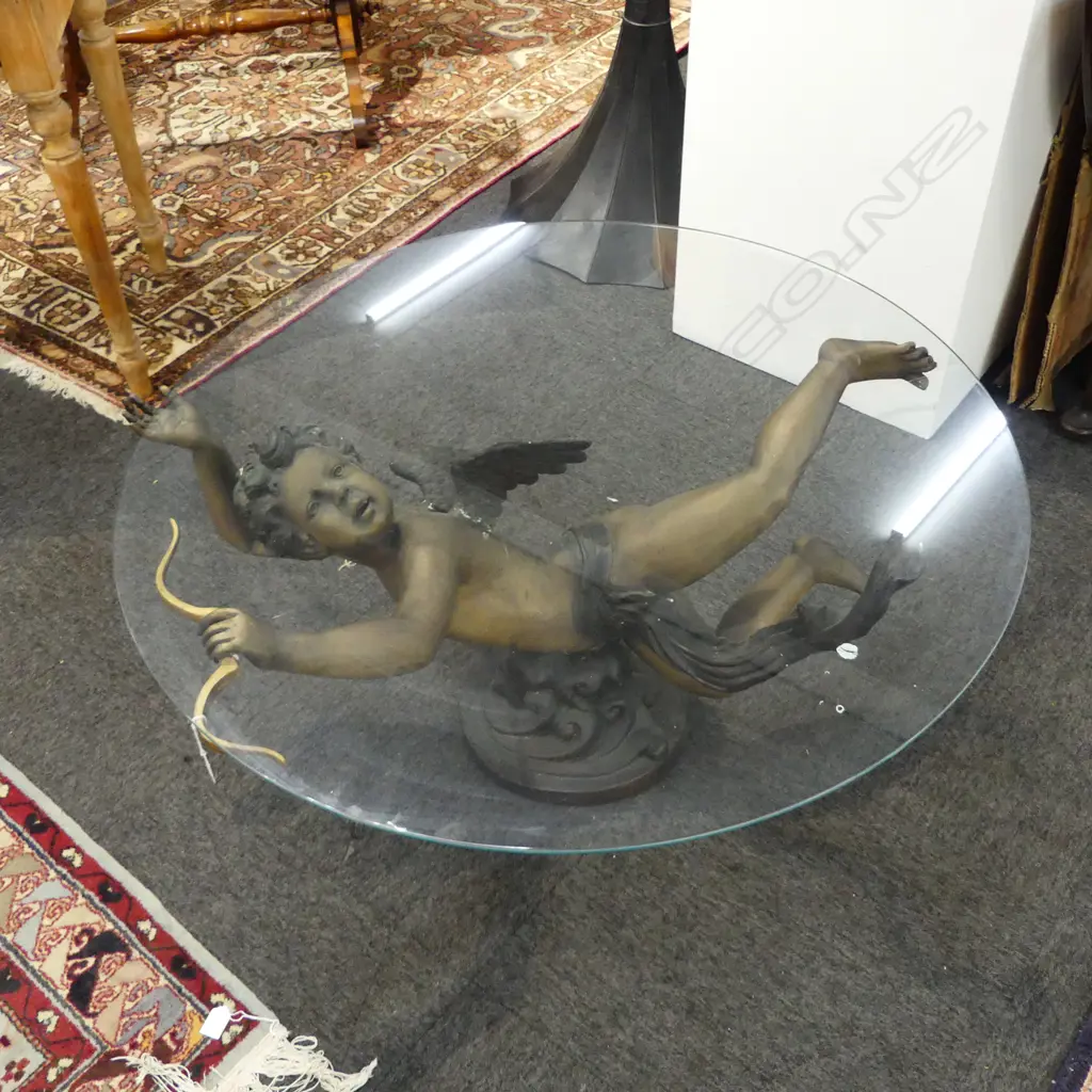 LARGE HEAVY BRONZE CHERUB FIGURE TABLE BASE w. GLASS TOP; FIGURE W.940 H.520mm, GLASS Dia.950mm Image 1++