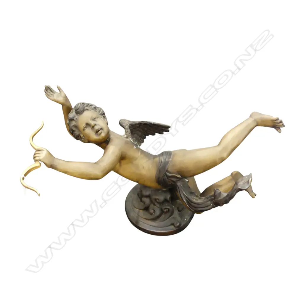 LARGE HEAVY BRONZE CHERUB FIGURE TABLE BASE w. GLASS TOP; FIGURE W.940 H.520mm, GLASS Dia.950mm Image 1++
