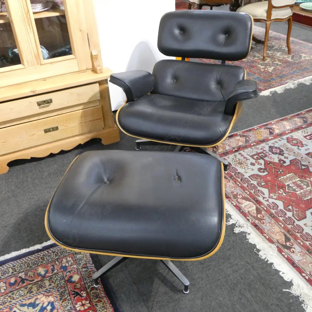 EAMES  STYLE LOUNGE CHAIR & OTTOMAN WITH ONE BUTTON MISSING Image 1++