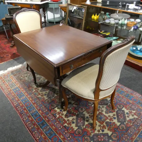 MAHOGANY DROP SIDE TABLE 750x910x780mm + 2 FRENCH STYLE CHAIRS