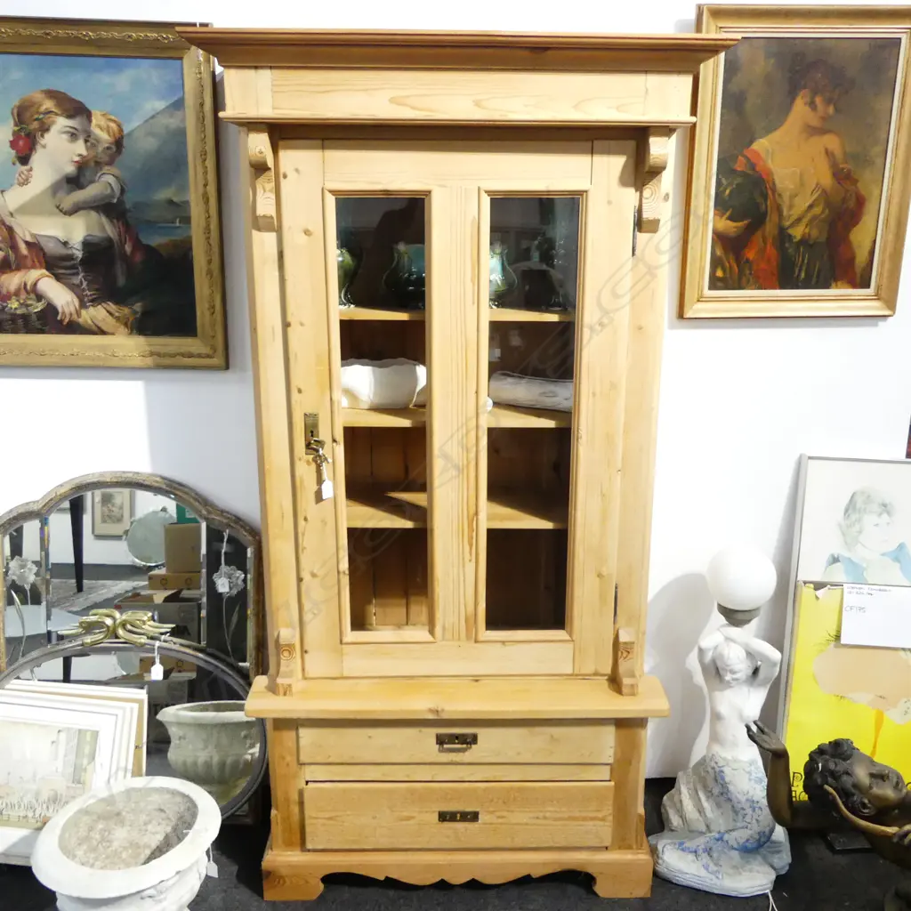 c.1900 EUROPEAN PINE DISPLAY CABINET with drawers to the base 975x445x1820mm Image 1++