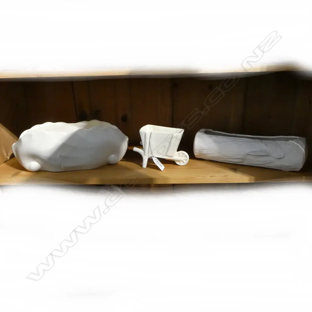 CROWN LYNN WHITE WHEELBARROW + 2 OTHER CROWN LYNN log trough with fault Image 1++