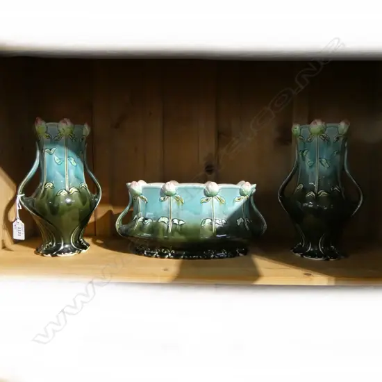 PR ART NOUVEAU "FAIENCE" VASES BY GUSTAVE DE BRUYN (FRANCE) H.250mm & MATCHING TROUGH VASE