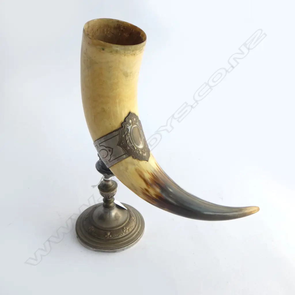 19thC buffalo horn & silver plate CORNUCOPIA VASE H.315mm  Image 1++
