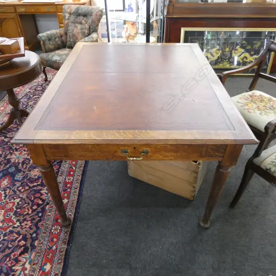 OAK LIBRARY TABLE w. COATED CANVAS INSET C.1910 1370x1070x760mm