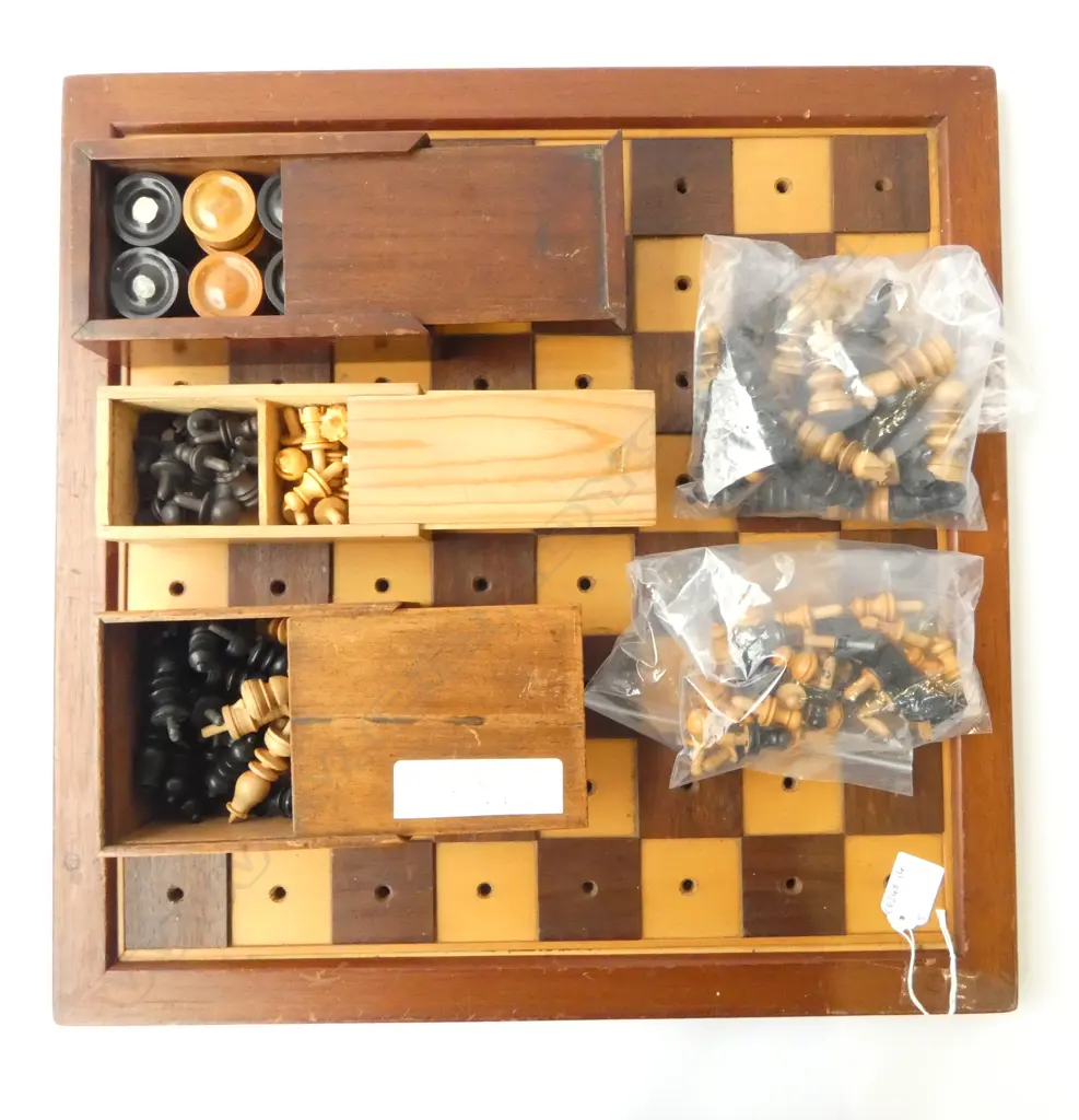 19thC BRAILE/VISUALLY IMPAIRED  GAME BOARD WITH CHESS & CHECKER PIECS + OTHER MODERN CHESS PIECES Image 1++