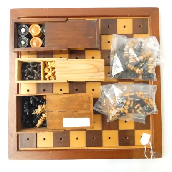 19thC BRAILE/VISUALLY IMPAIRED  GAME BOARD WITH CHESS & CHECKER PIECS + OTHER MODERN CHESS PIECES