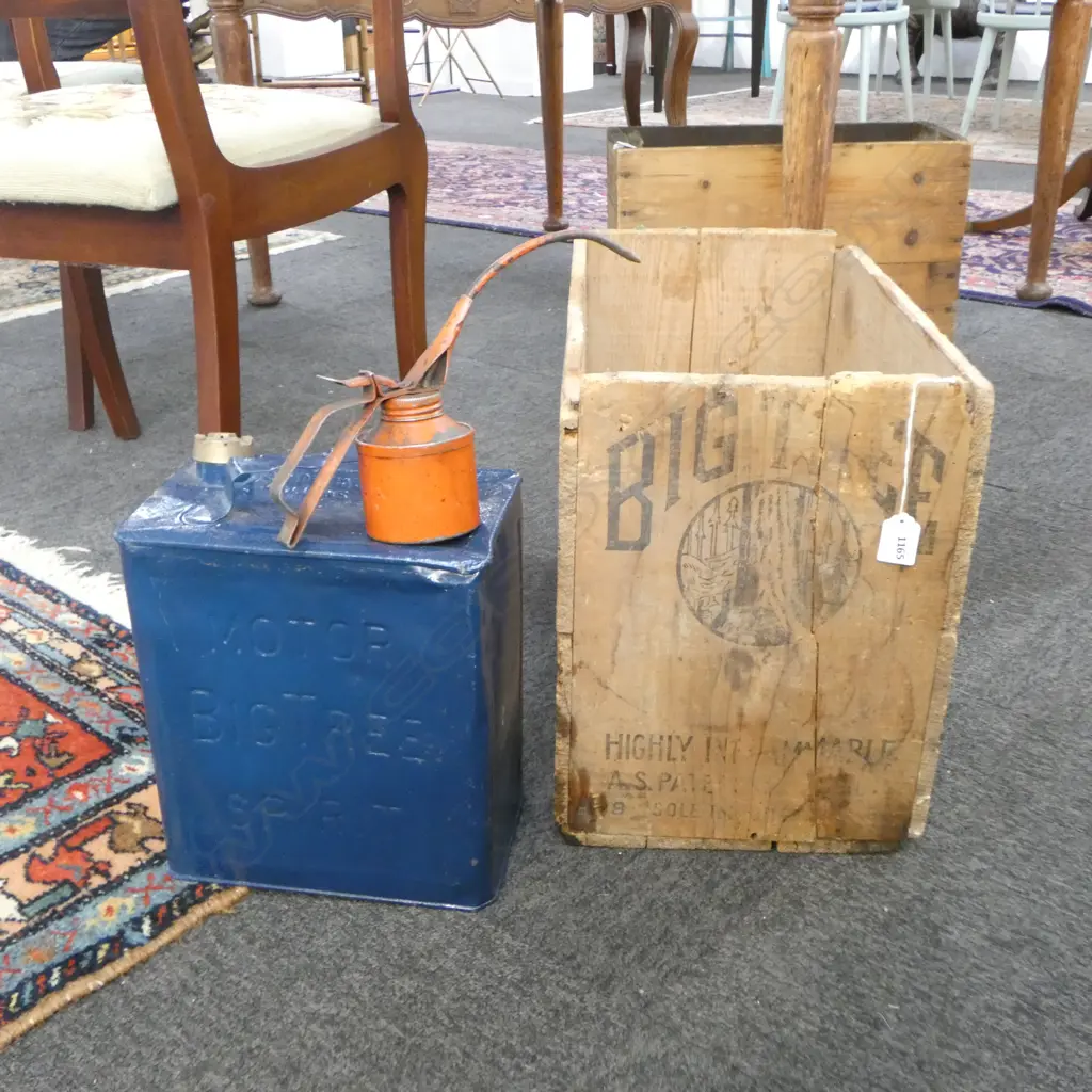 VINTAGE BIG TREE PETROL CRATE, BIG TREE JERRY CAN & RED OIL CAN Image 1++