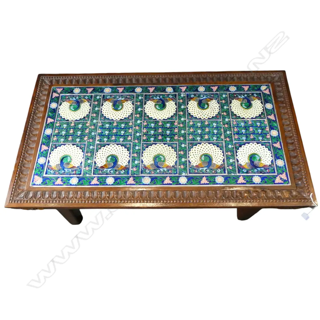 RAJASTHAN TEAK TABLE w. INLAID ENAMEL PANEL 950x550x425mm Image 1++