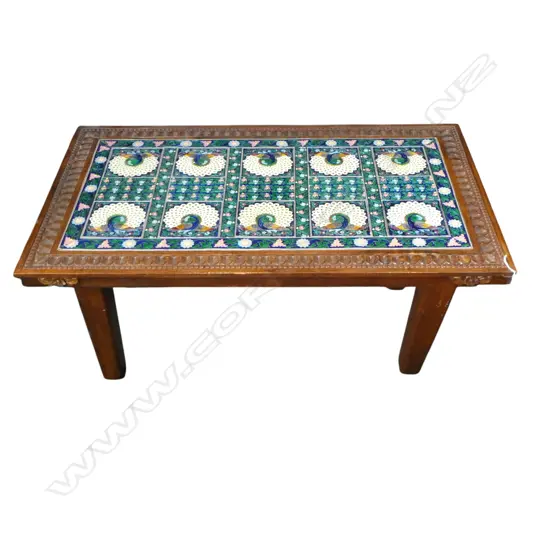 RAJASTHAN TEAK TABLE w. INLAID ENAMEL PANEL 950x550x425mm