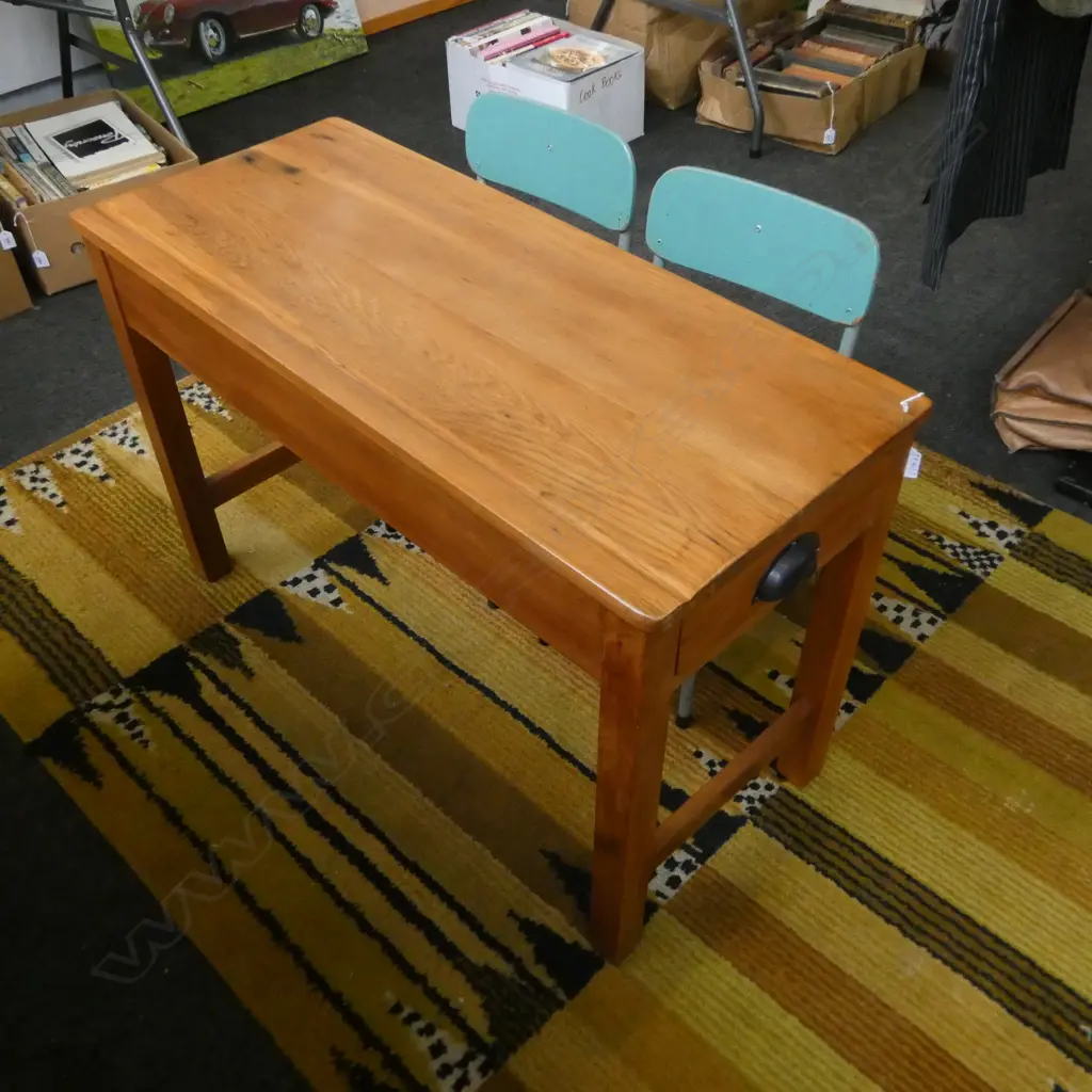 VINTAGE JUNIOR DOUBLE SCHOOL DESK & 2 CHAIRS 915x390x590mm Image 1++