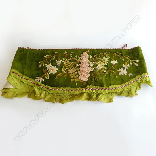 ANTIQUE VALANCE; EMBROIDERED FLOWERS ON GREEN VELVET 430x2700mm 