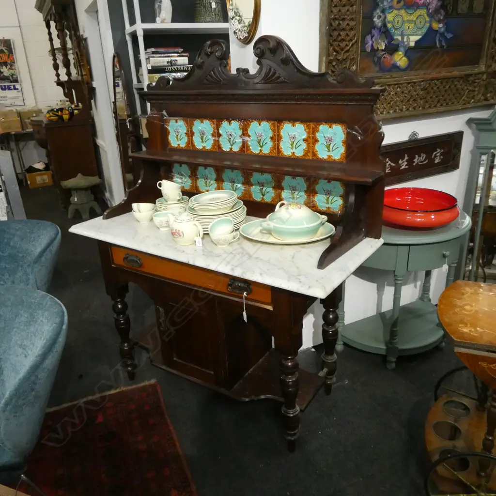 COLONIAL KAURI MARBLE TOP WASHSTAND w. TILED BACK 1240x500x1400mm TILES NEED GLUEING Image 1++