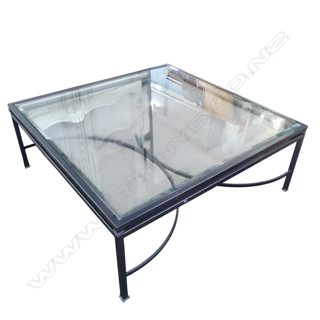 STYLISH MODERN EBONISED STEEL & GLASS LARGE COFFEE TABLE. Crinoline dble stretcher base 1145 x 1145mm Image 1++