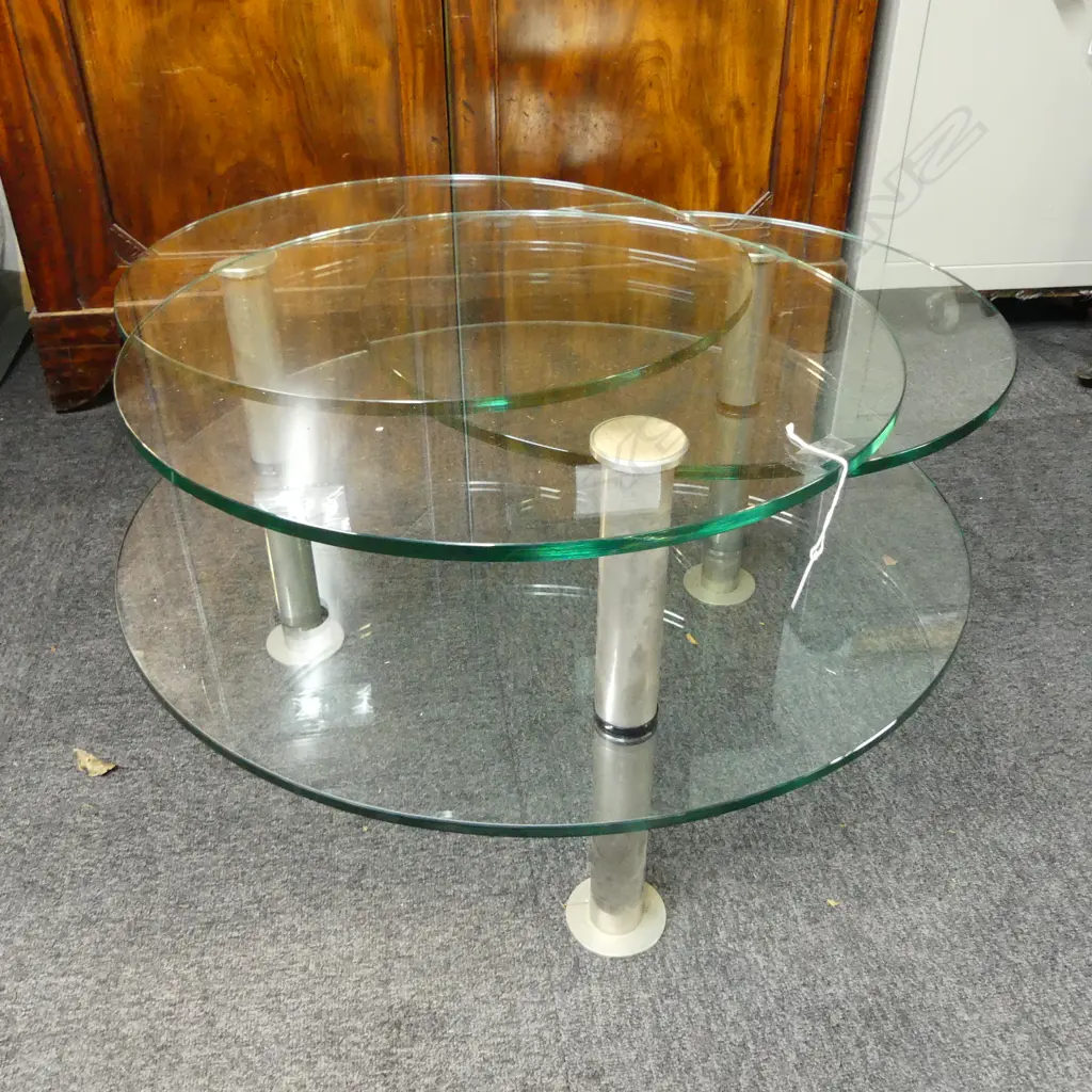 GLASS COFFEE TABLE; RONALD SCHMITT K75 GIRONDA; 3 ROUND PIVOTING TOPS 550mm dia ABOVE 1 760mm dia, CHROME FRAME  Image 1++