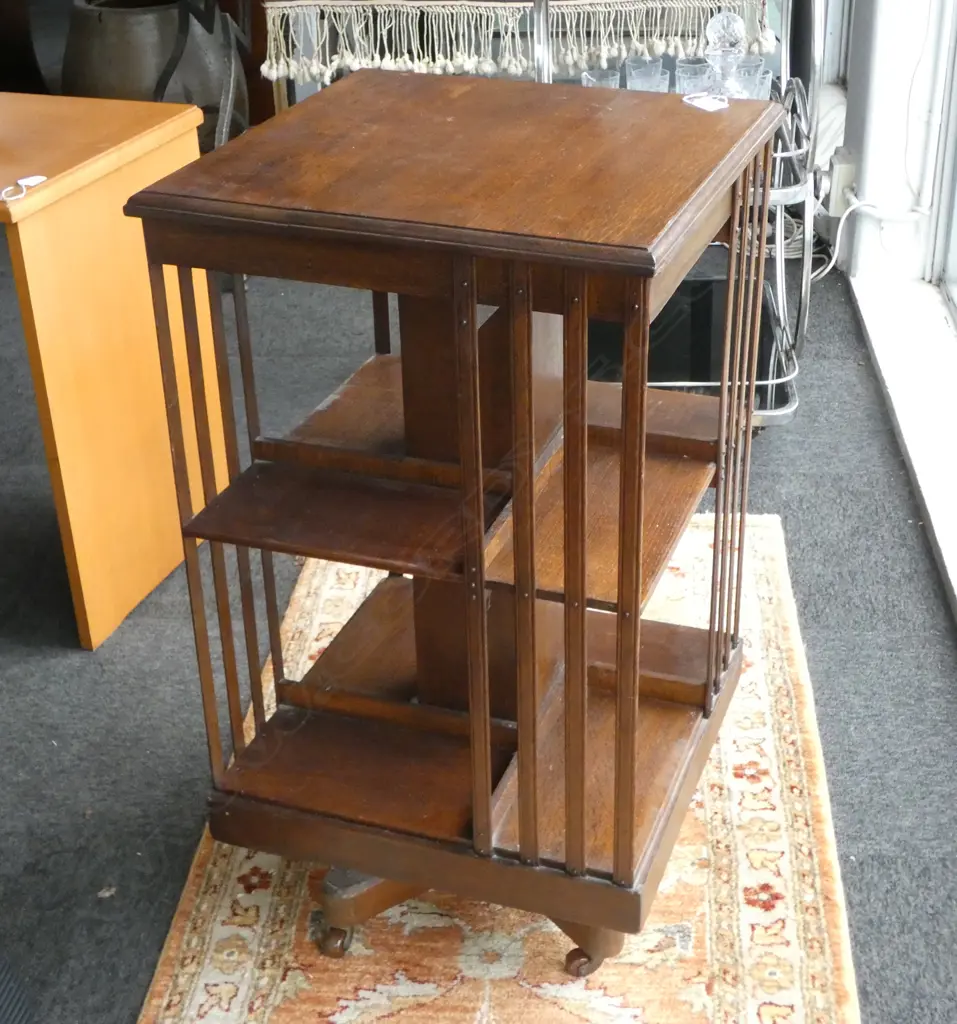 EARLY 20thC OAK REVOLVING SQUARE BOOKCASE 470 x 480 x 865mm brown porcelain castors Image 1++