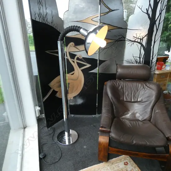DESIGNER CHROME FLOOR LAMP w. ADJUSTABLE RUBBER GOOSENECK H.1350mm  Designed by Ajusco or Cosack or Sonneman or ??