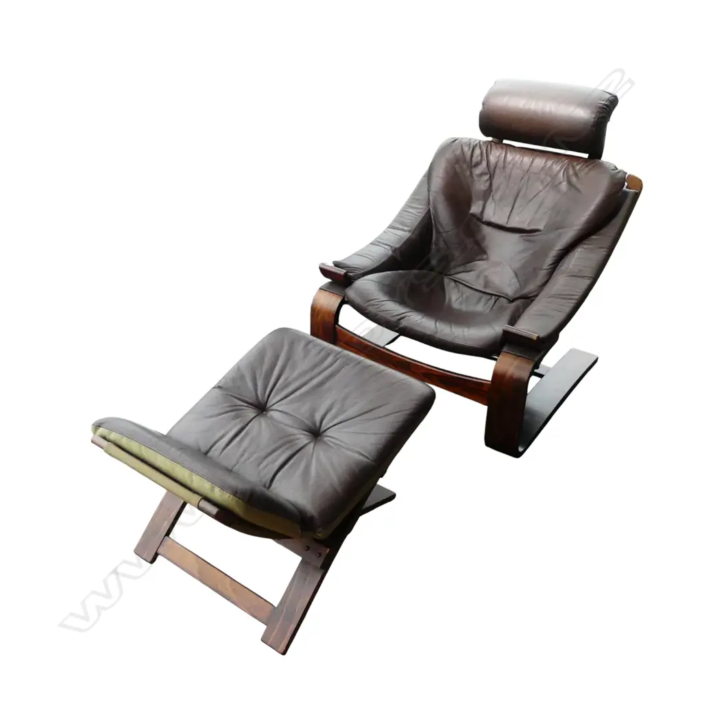 SCANDINAVIAN VINTAGE KROKEN ARMCHAIR & STOOL BY AKE FRIBYTER FOR NELO MOBEL SWEDEN C.1970 leather on bentwood frame Image 1++